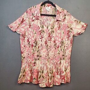 ONLY NECESSITIES Plus Crinkle Georgette Pleated Button Up Blouse Pink Floral 2X